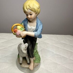 Country Boy With Lamb And Fruit Basket Bisque Figurine Height Tall 5.5 inches